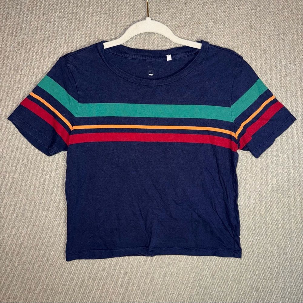 Me to we size medium Navy T-Shirt with Colorful Stripes